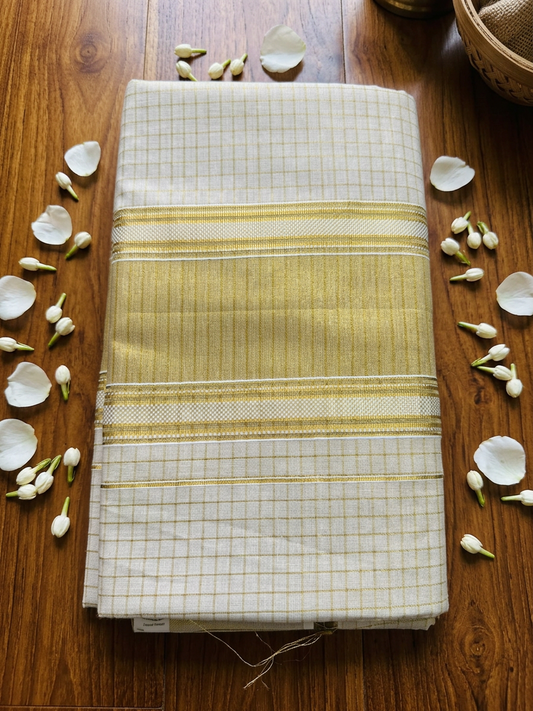 Golden Grid Kattam Kasavu Saree with Temple Border