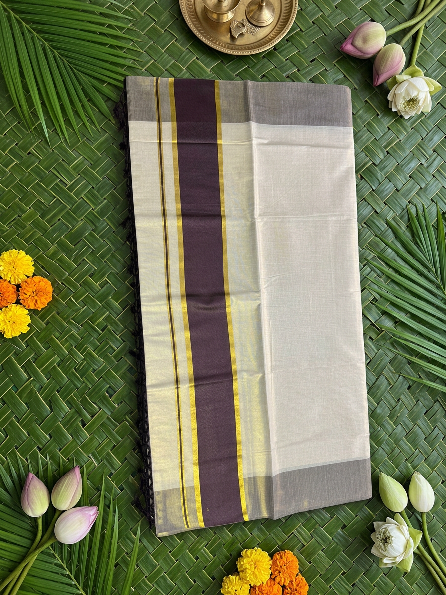 Deep Plum Banded Golden Tissue Saree with Macrame Tassels