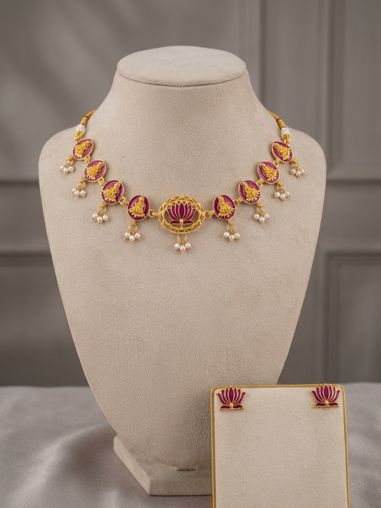 Gold Enamel Lotus & Deity Motif Choker Set