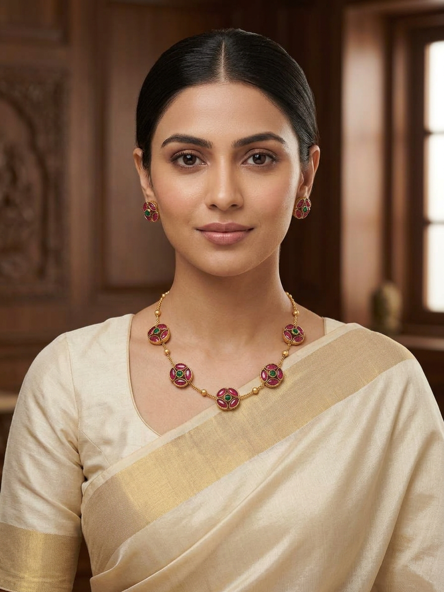 Gold Ruby & Emerald Floral Motif Necklace Set
