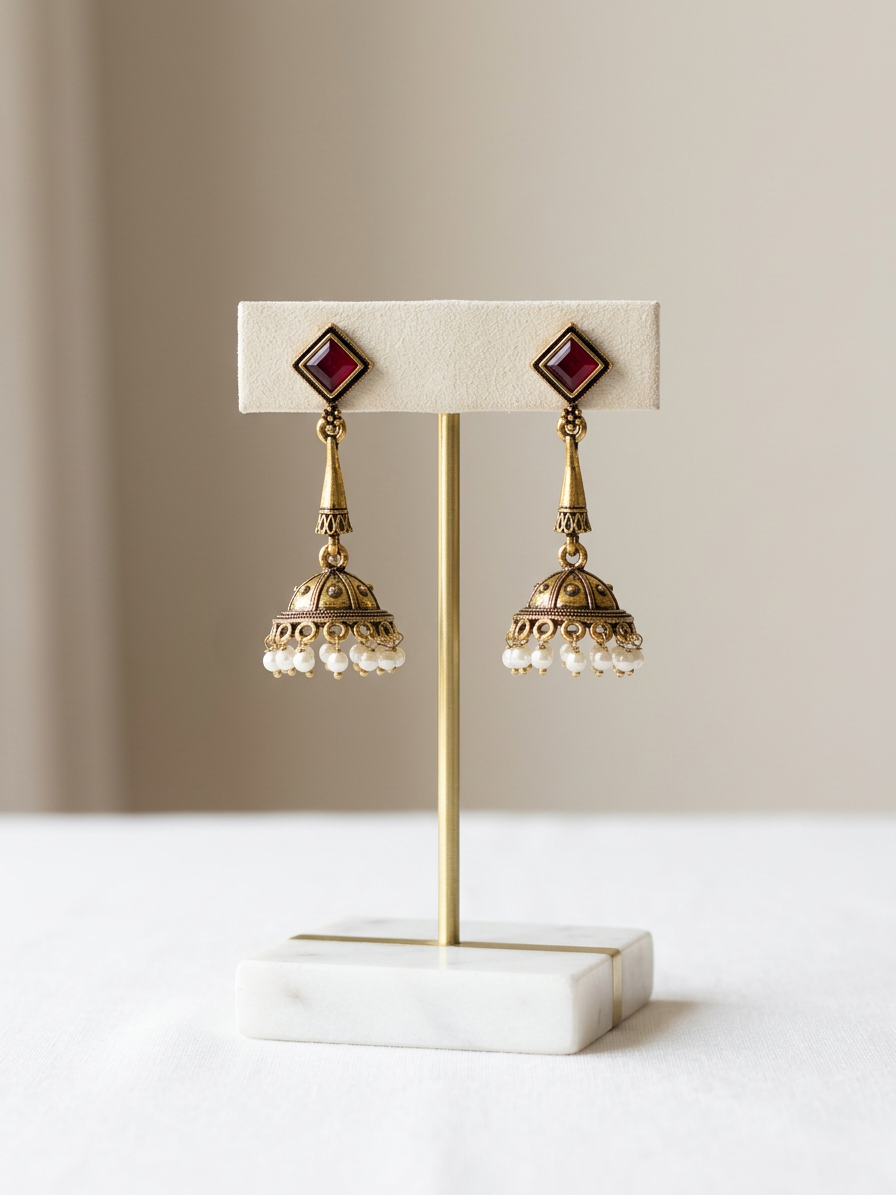 Rhombus Stone Antique Gold Pearl Jhumka Earrings