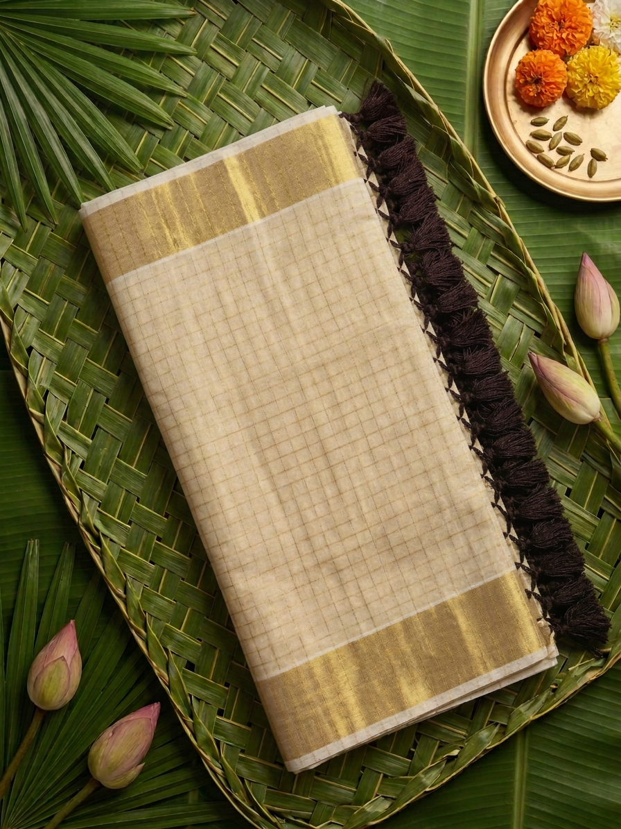 Devika Golden Check Tissue Saree with Bold Mocha & Gold Border