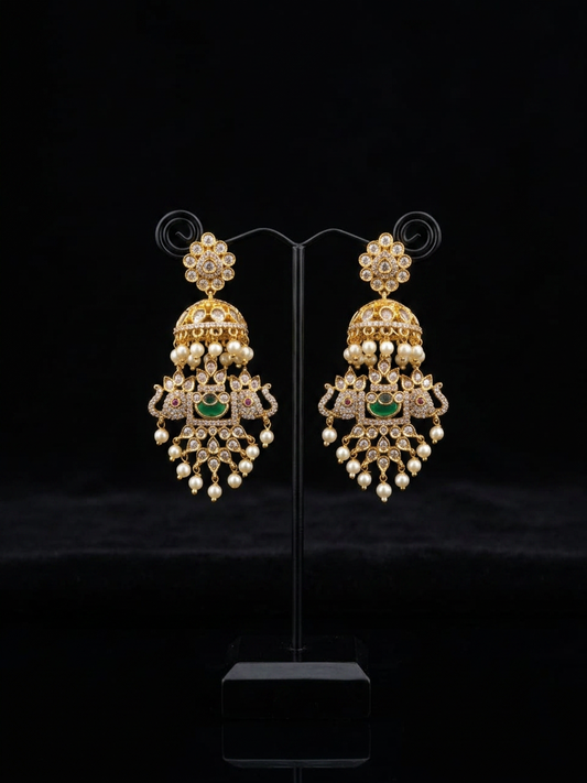 Gajraj Royal CZ & Emerald Chandelier Jhumka Earrings