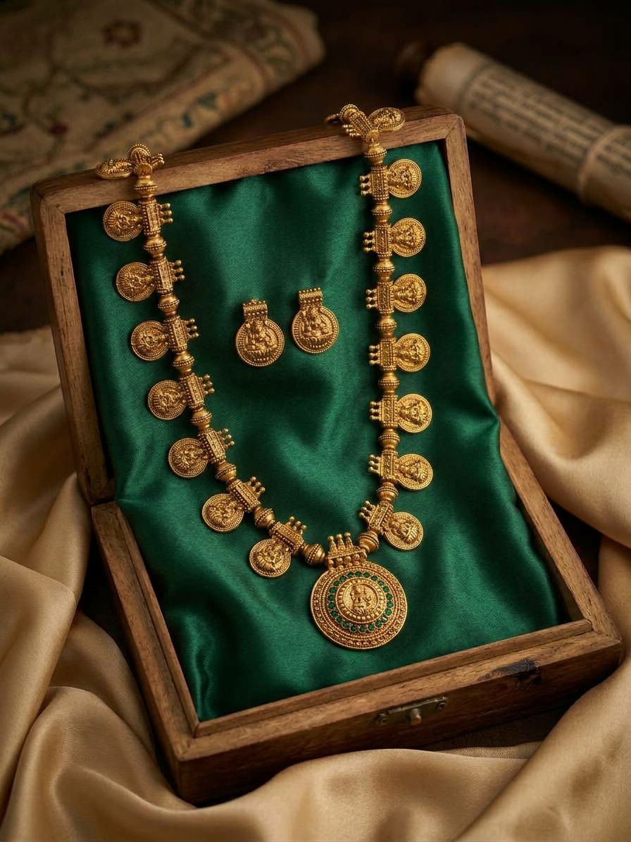 Antique Gold Lakshmi Coin & Emerald Pendant Haram Set