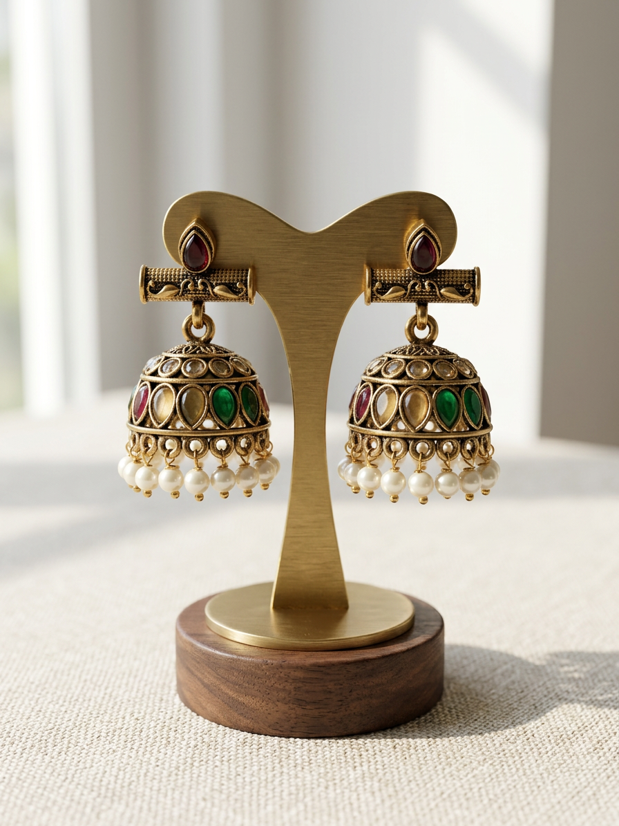 Aarohi Antique Gold Kemp Stone Jhumkas with Pearl Drops