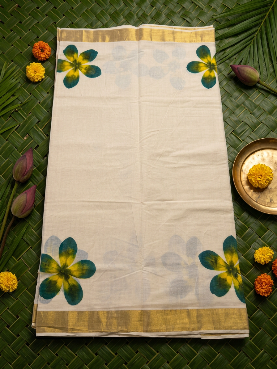 Anika Blue & Yellow Floral Painted Kasavu Cotton Saree