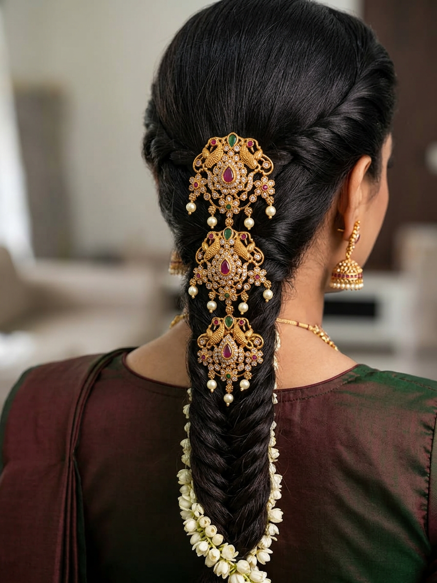 Antique Gold Peacock & CZ Three-Tiered Jada Billa