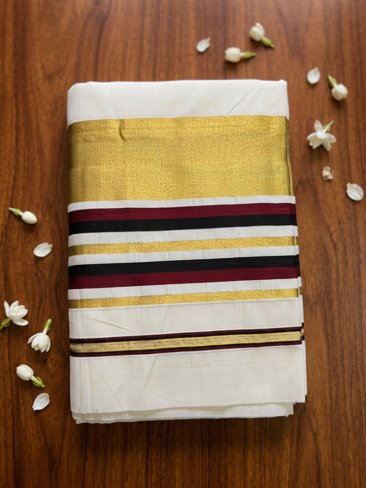 Regal Maroon & Black Stripe Kasavu Saree