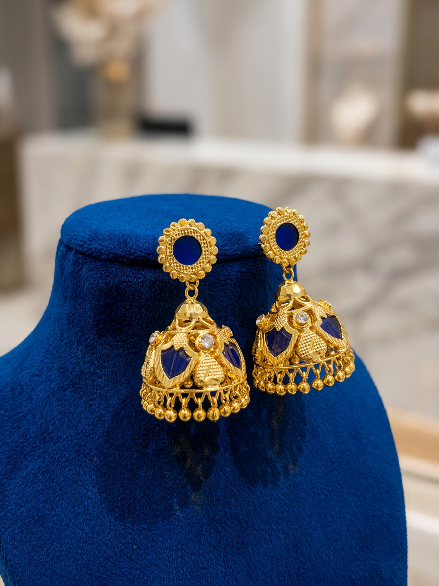 Traditional Gold Royal Blue Palakka & CZ Jhumka Earrings