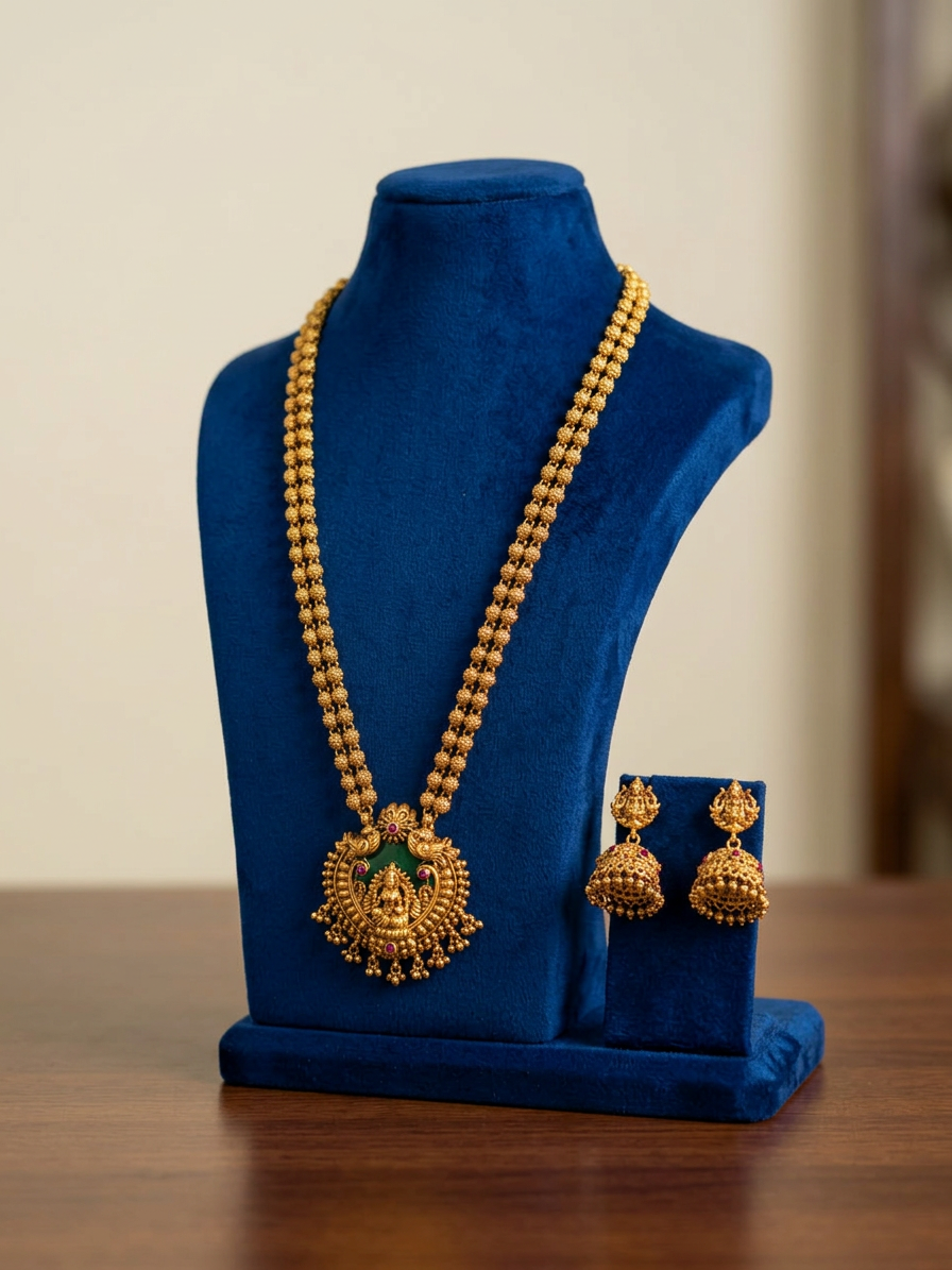 Dual-Strand Antique Gold Lakshmi Pendant Haram & Jhumka Set