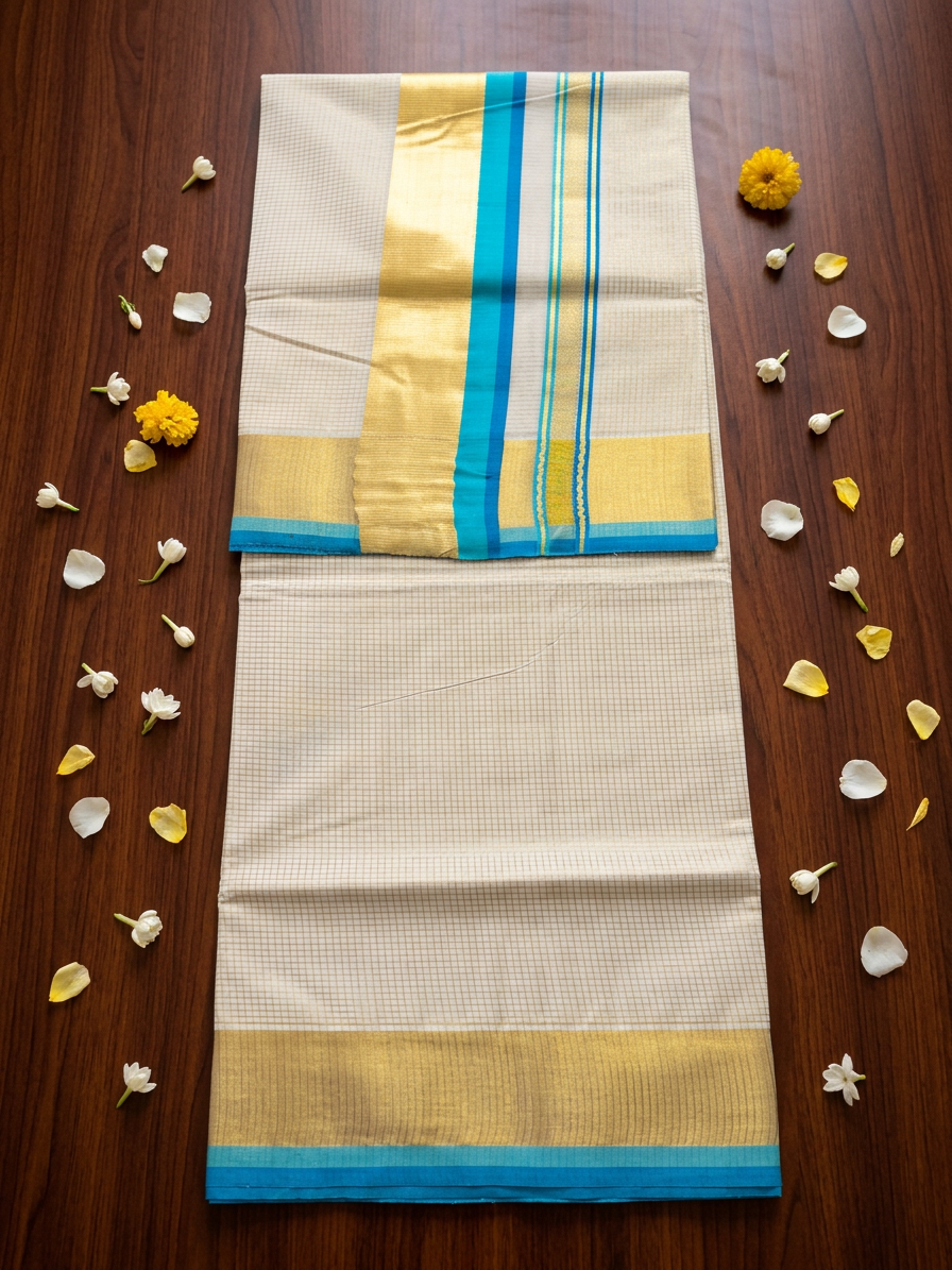 Off-White Cotton Saree with Gold Micro-Checks, Resplendent Broad Gold Zari Border, and Striking Turquoise Blue Edge Detailing