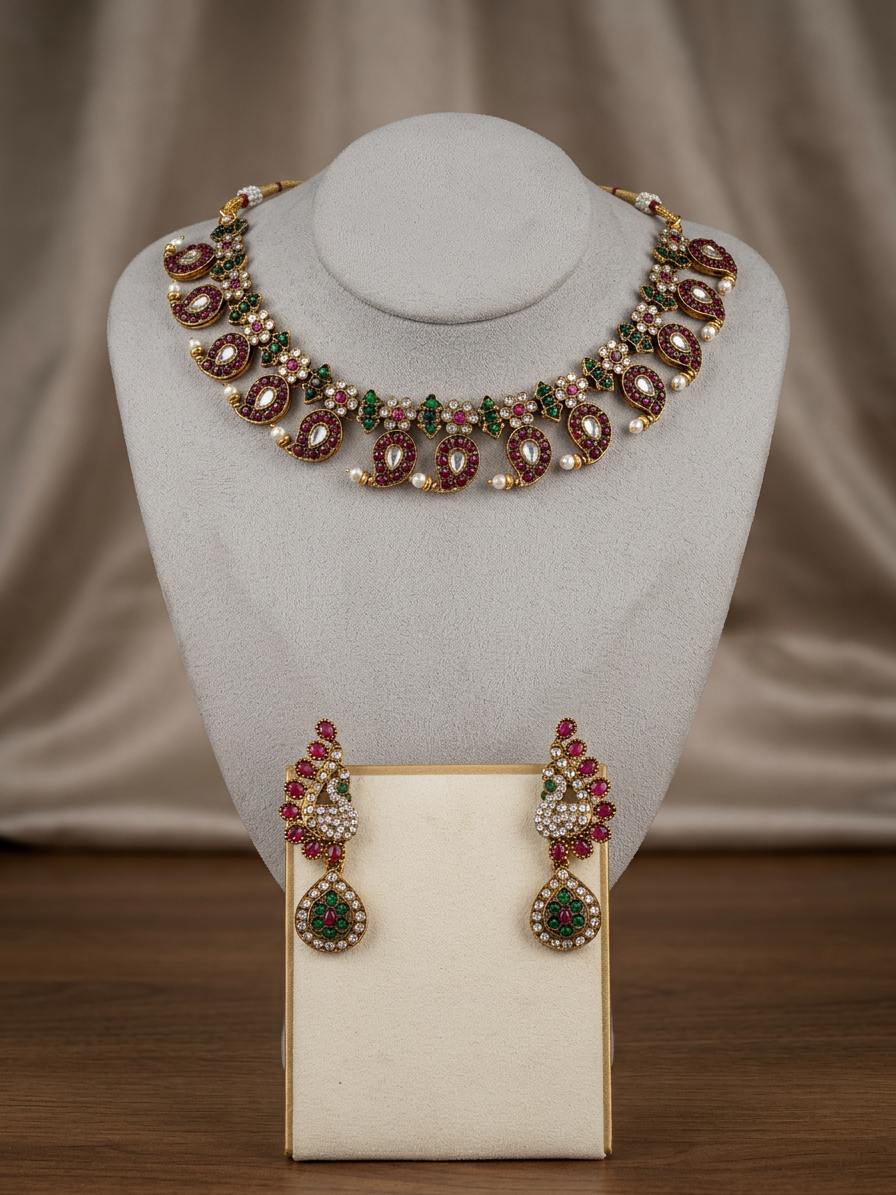 Traditional Antique Gold Kundan Mango Motif (Manga Malai) Necklace Set