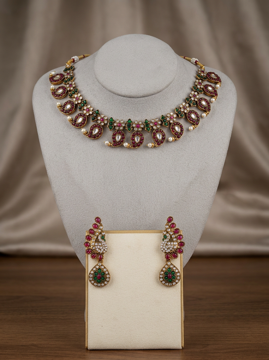 Traditional Antique Gold Kundan Mango Motif (Manga Malai) Necklace Set
