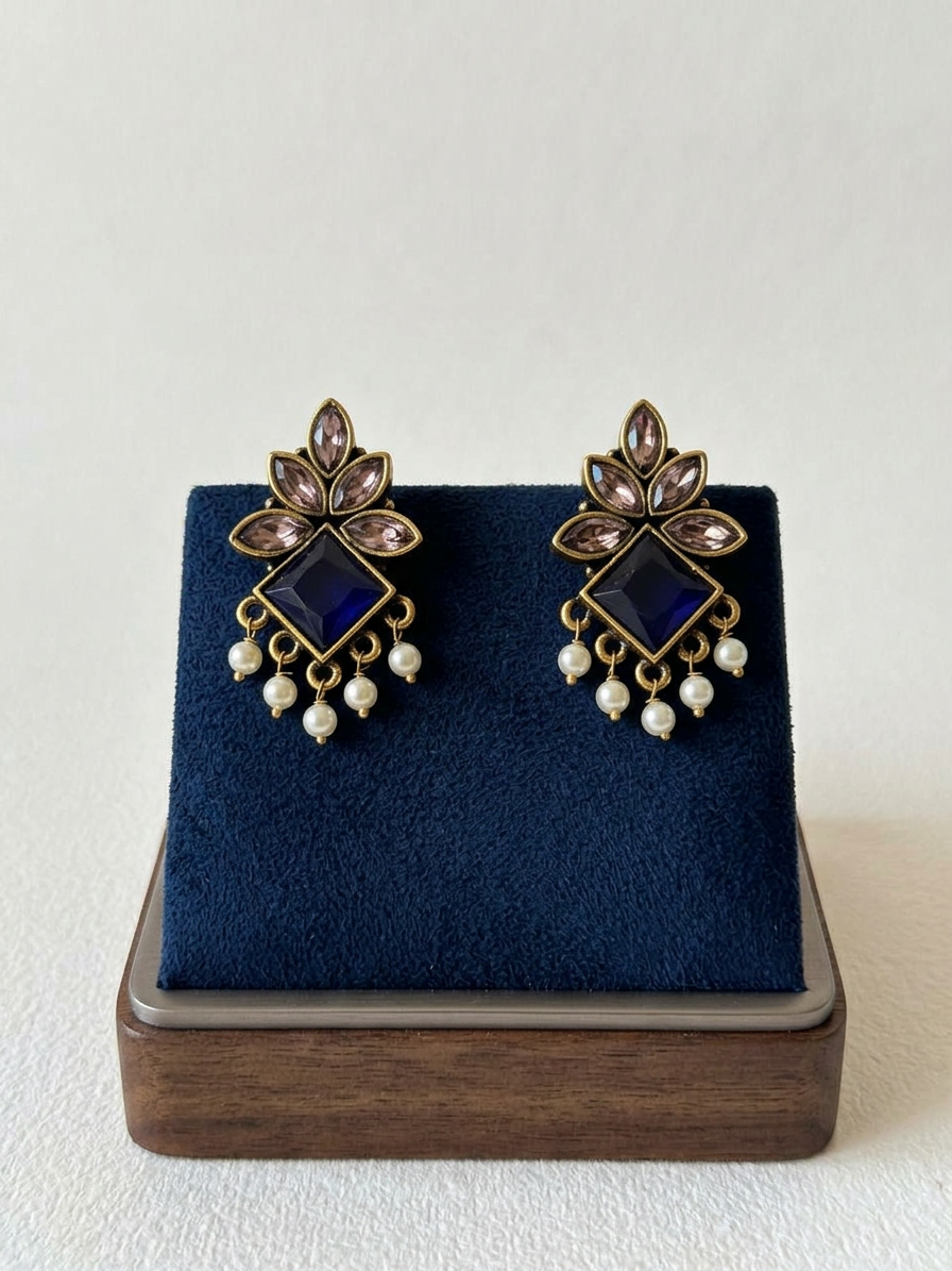 Geometric Diamond Stone & Pearl Antique Stud Earrings