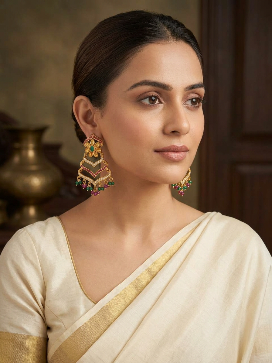 Gold Floral Chevron Chandelier Drop Earrings