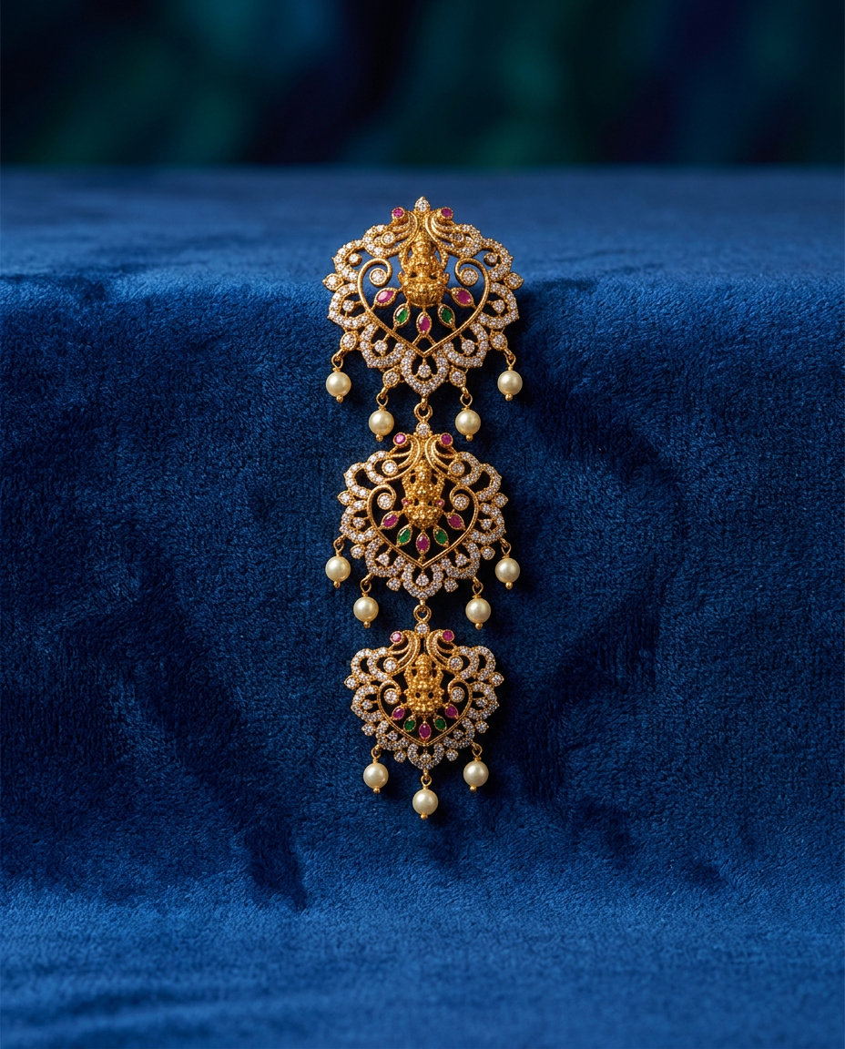 Gold Goddess Lakshmi CZ & Pearl Three-Tiered Jada Billa