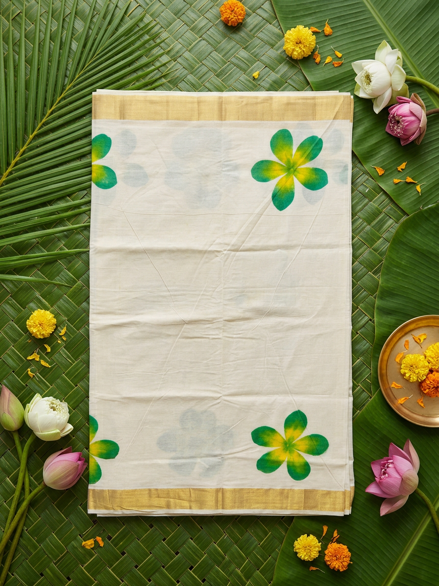 Harita Green & Yellow Floral Painted Kasavu Cotton Saree