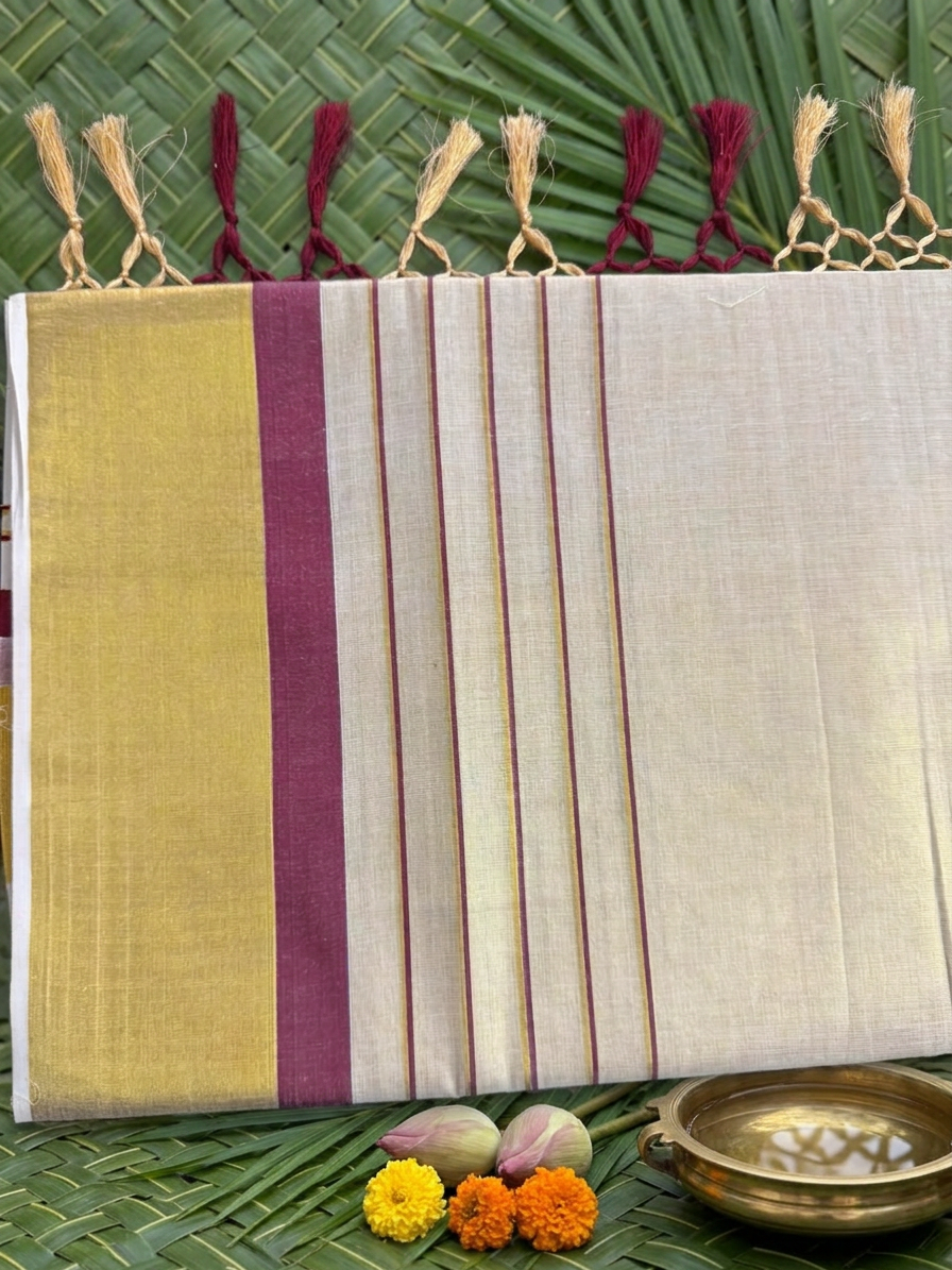 Nandini Ivory Tissue Saree with Maroon & Gold Zari Border & Macrame Tassels