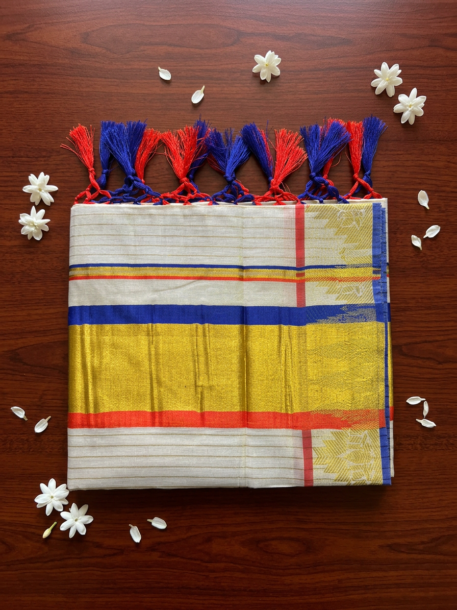 Vibrant Stripe Kasavu Saree with Hand-Knotted Tassels and Temple Border - Tissue Cotton