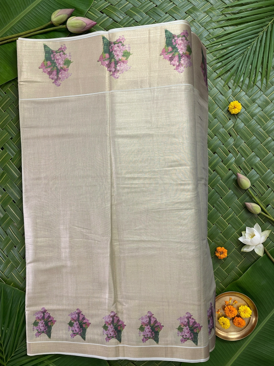 Blossoming Elegance: Pink Floral Printed Golden Tissue Saree