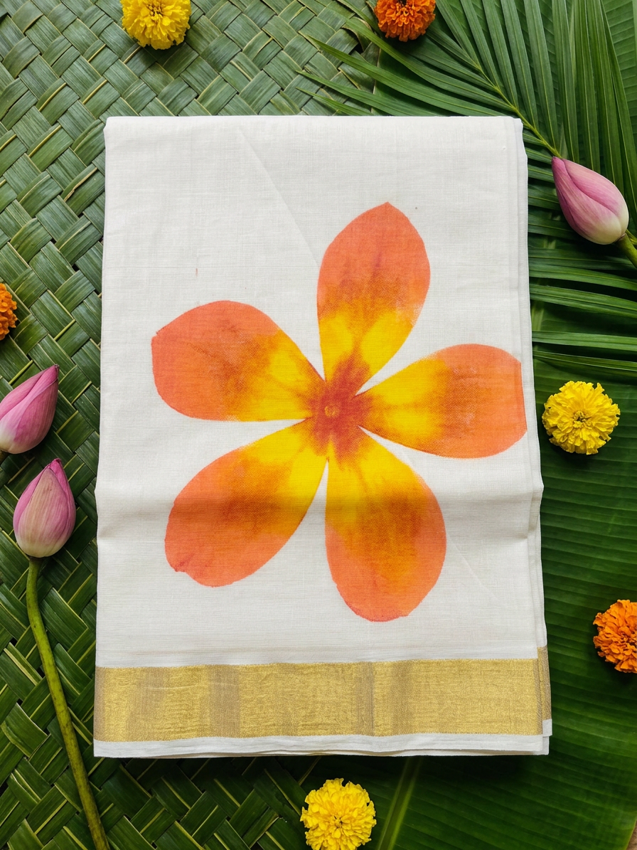 Surya Orange & Yellow Floral Painted Kasavu Cotton Saree