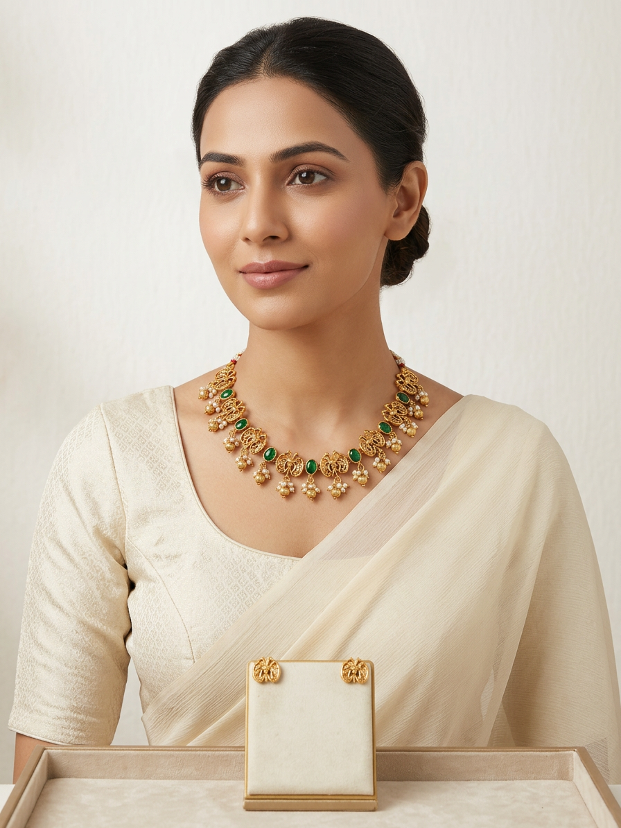 Antique Gold Oval Gemstone & Pearl Motif Choker Set
