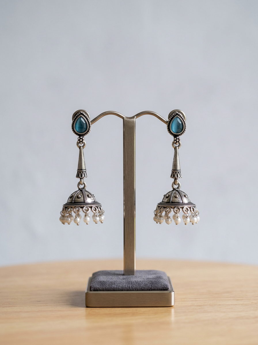 Teardrop Stone Oxidised Silver Pearl Jhumka Earrings