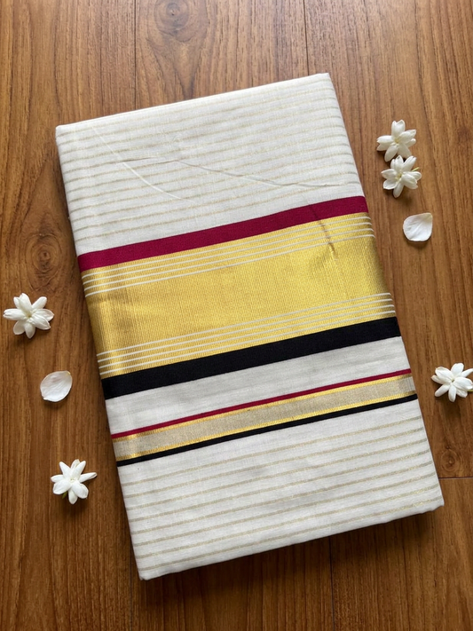 Off-White Cotton Saree with Fine Gold Zari Stripes, Resplendent Broad Gold Border, and Striking Black and Maroon Edge Detailing