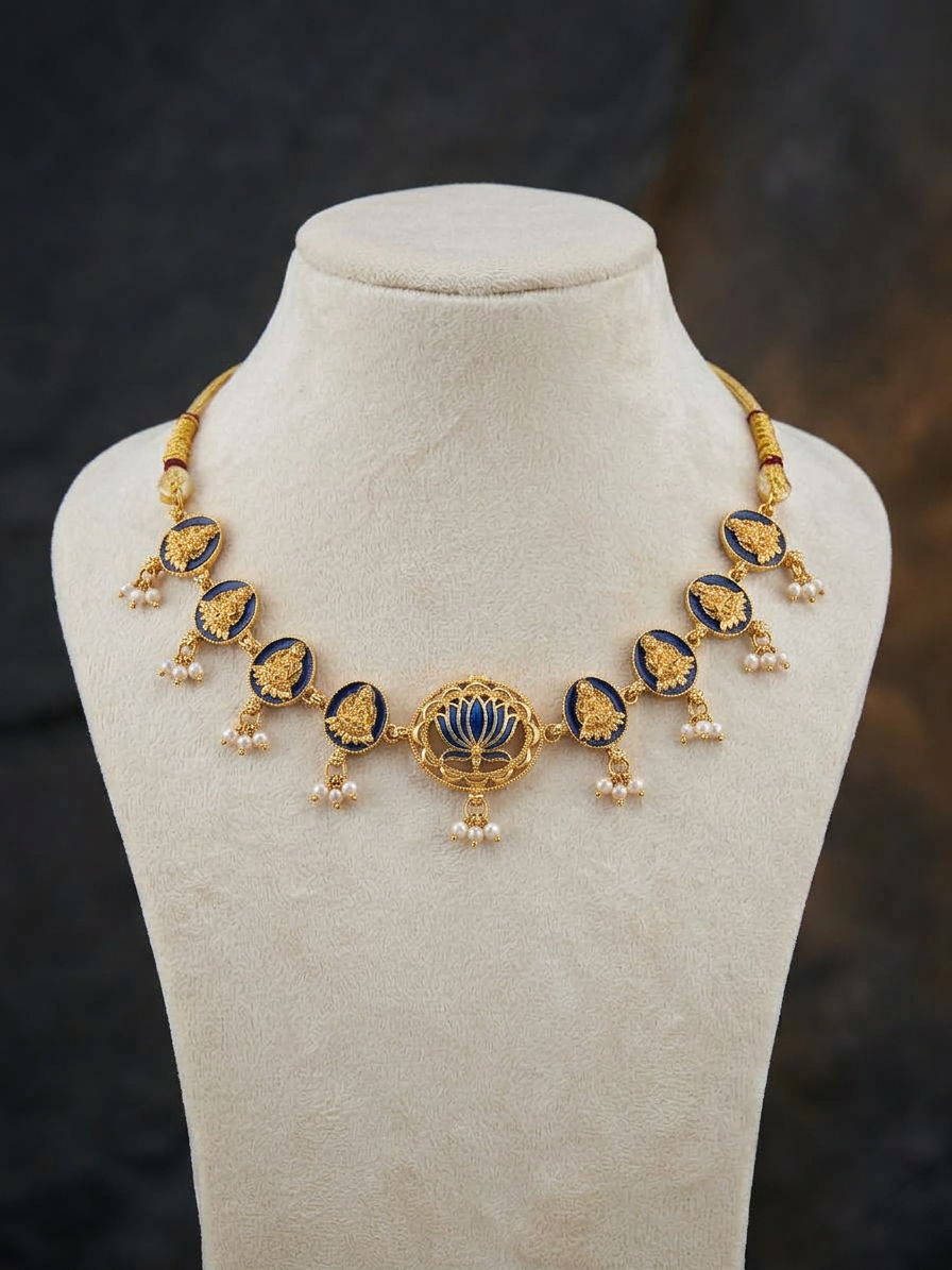 Antique Gold & Blue Enamel Lotus Deity Choker