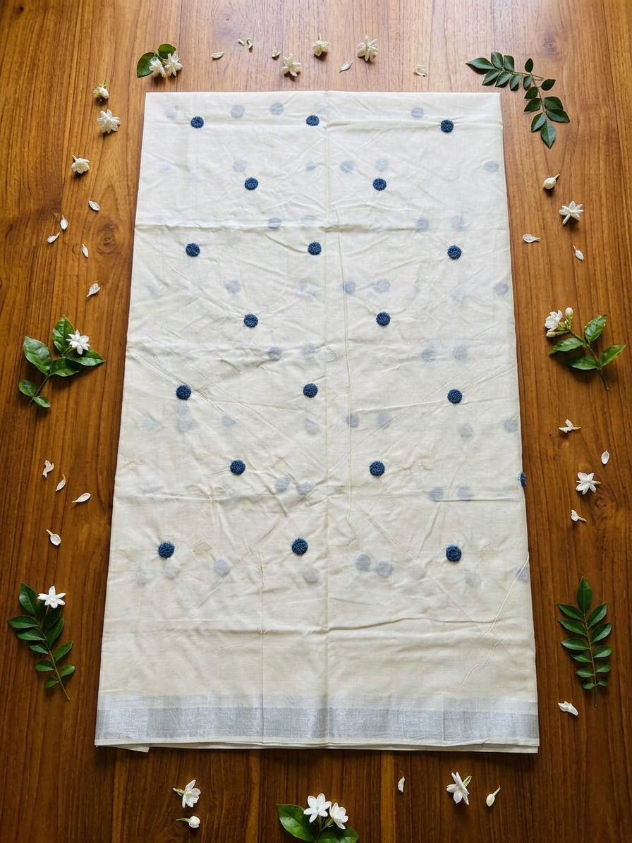 Slate Blue Floral Textured Silver Kasavu Saree