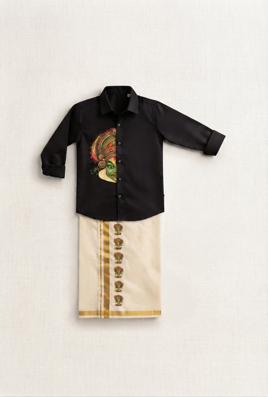 Kid's Kathakali Heritage Shirt and Velcro Mundu Combo Set for Boys