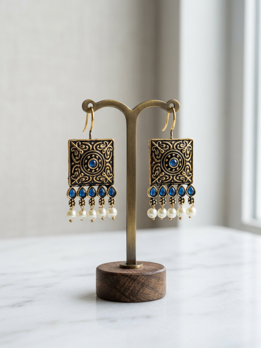 Square Carved Antique Stone & Pearl Wire Earrings