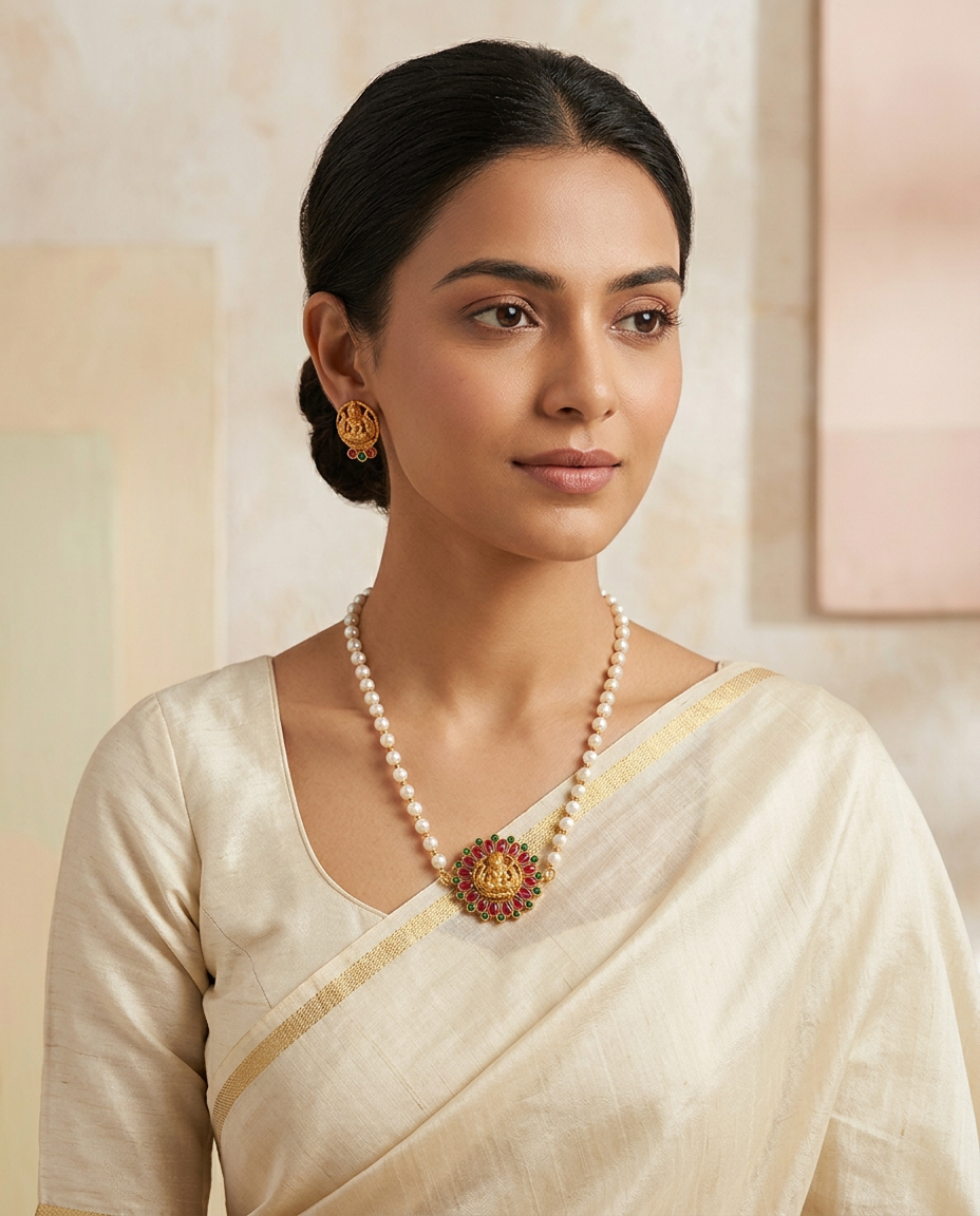 Pearl String & Ruby Emerald Lakshmi Medallion Necklace Set