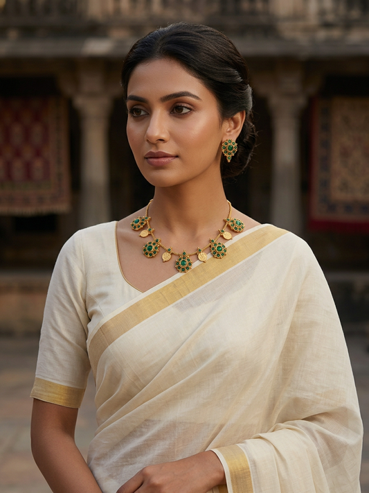 Traditional Matte Gold Floral Kemp & Kasu Necklace Set (Available in Ruby & Emerald)