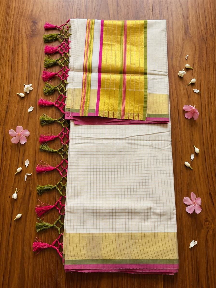 Off-White Saree with Micro-Check Woven Body, Rich Gold Zari Border, Vibrant Pink and Green Striped Accents, and Intricate Hand-Knotted Tassels