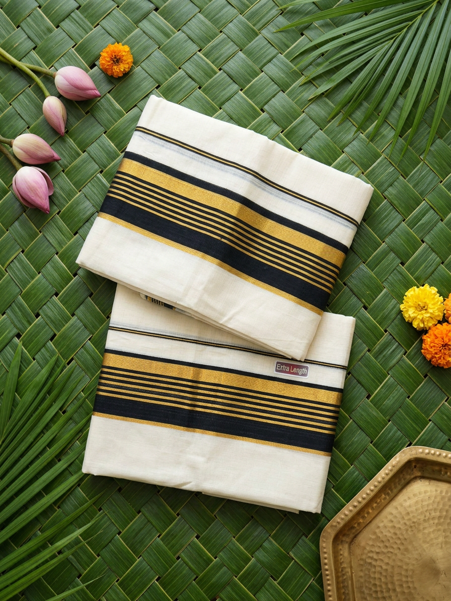 Kerala Cotton Set Mundu with Black & Gold Kasavu Border (Extra Length)