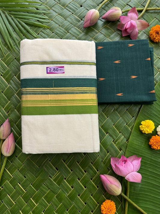 2.80 Meters Handwoven Pure Cotton Kerala Set Mundu Featuring an Emerald Green and Gold Kasavu Border Accompanied by a Woven Designer Blouse Piece