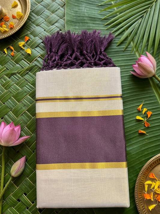 Deep Plum Banded Golden Tissue Saree with Macrame Tassels