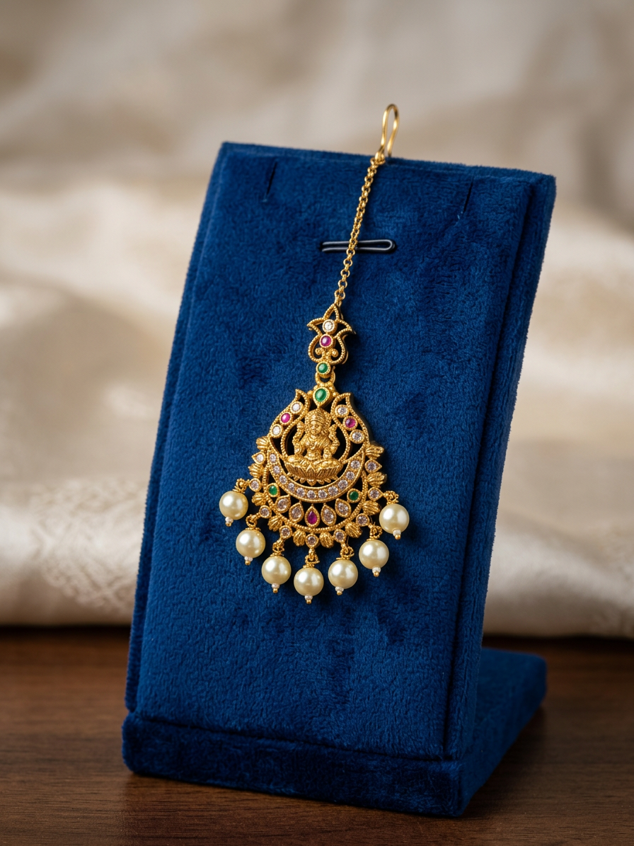 Antique Gold Lakshmi Chandbali Maang Tikka with Pearls