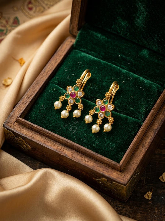 Traditional Antique Gold 6-Petal Floral Clip-On Bugadi with Ruby, Emerald & Pearls
