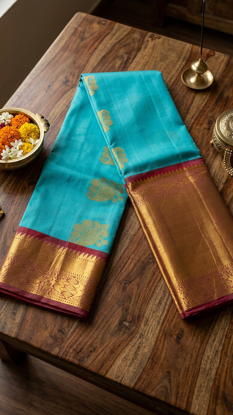 Turquoise Blue and Orange Silk Mark Certified Kanchipuram Saree (blouse lining included)