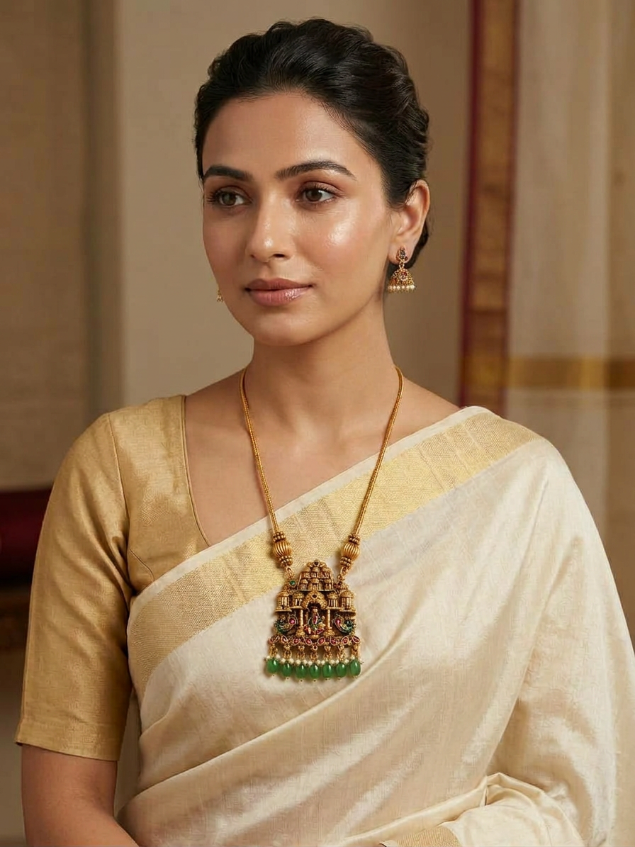 Antique Gold Temple Architecture Pendant & Jhumka Set