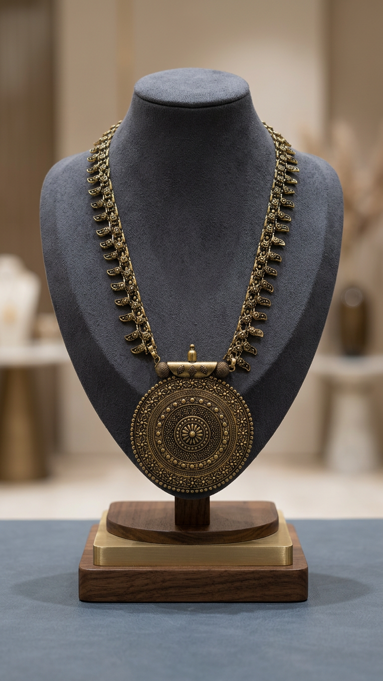 Antique Gold Tribal Medallion Long Haaram with Stylized Leaf Chain
