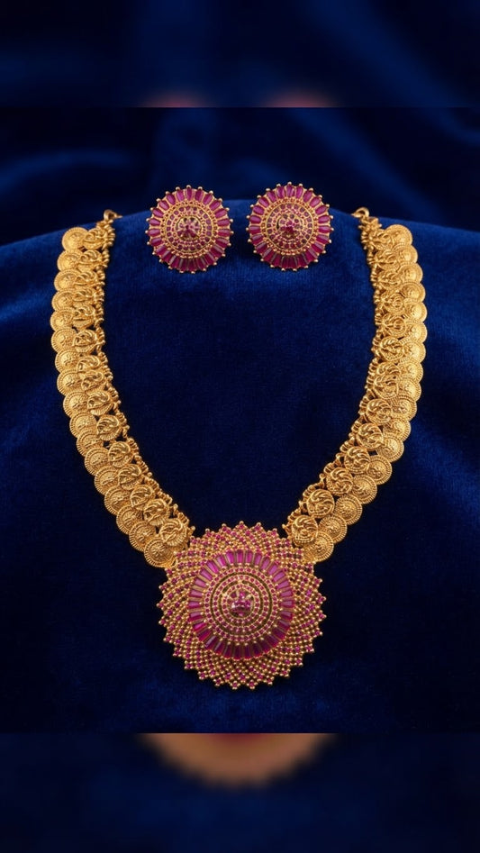 Traditional Antique Gold-Plated Lakshmi Kasu Mala with Grand Ruby Pendant Set