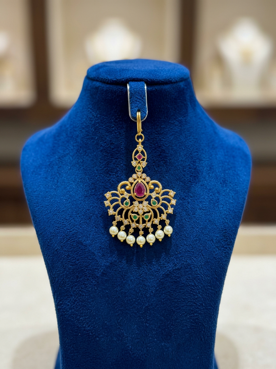 Intricate Filigree CZ & Pearl Bridal Maang Tikka