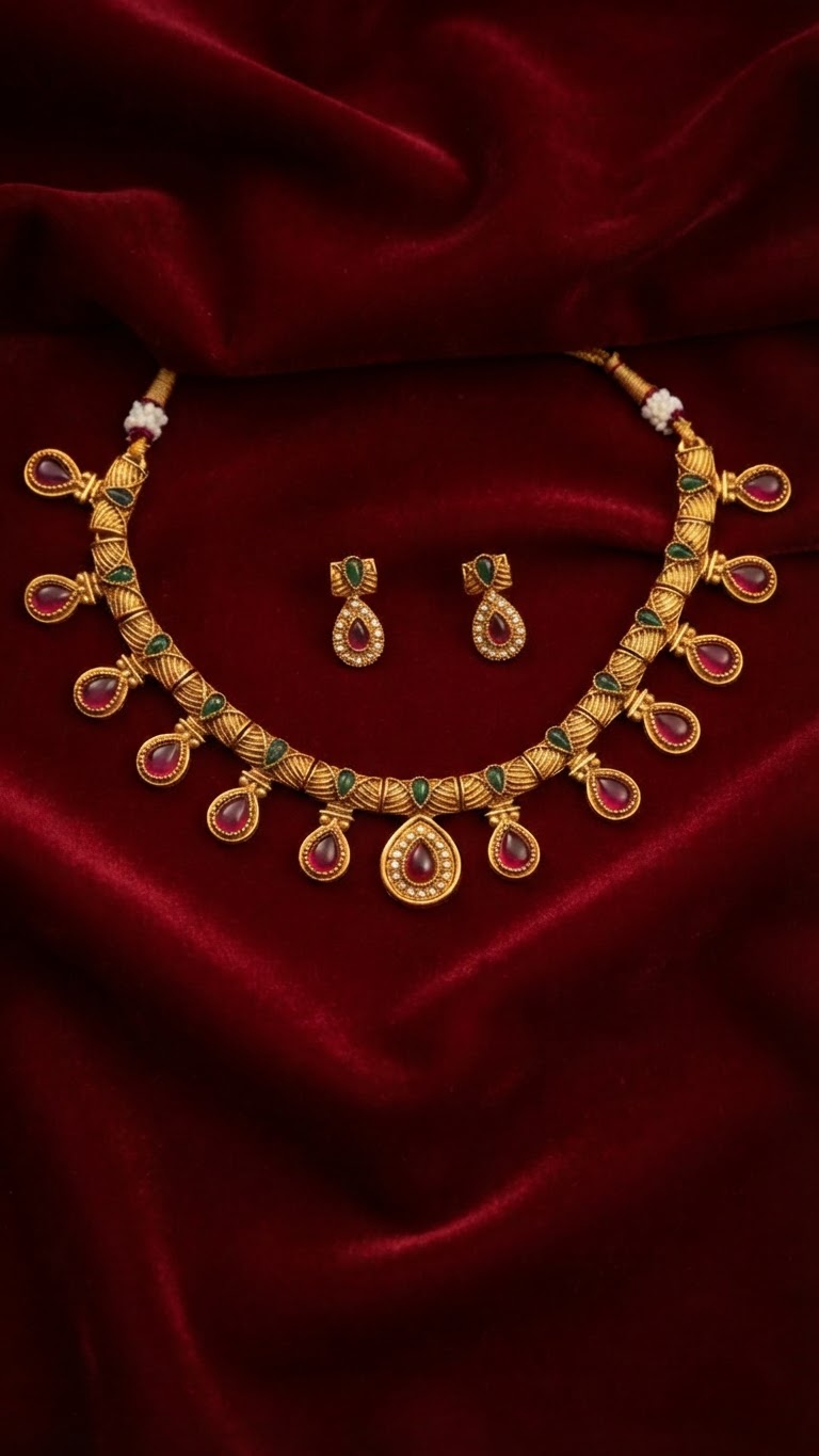Traditional Antique Gold Ruby Teardrop & CZ Necklace Set