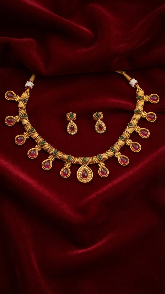 Traditional Antique Gold Ruby Teardrop & CZ Necklace Set