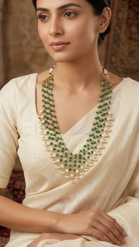 Layered Emerald Green Beaded & Pearl Long Necklace