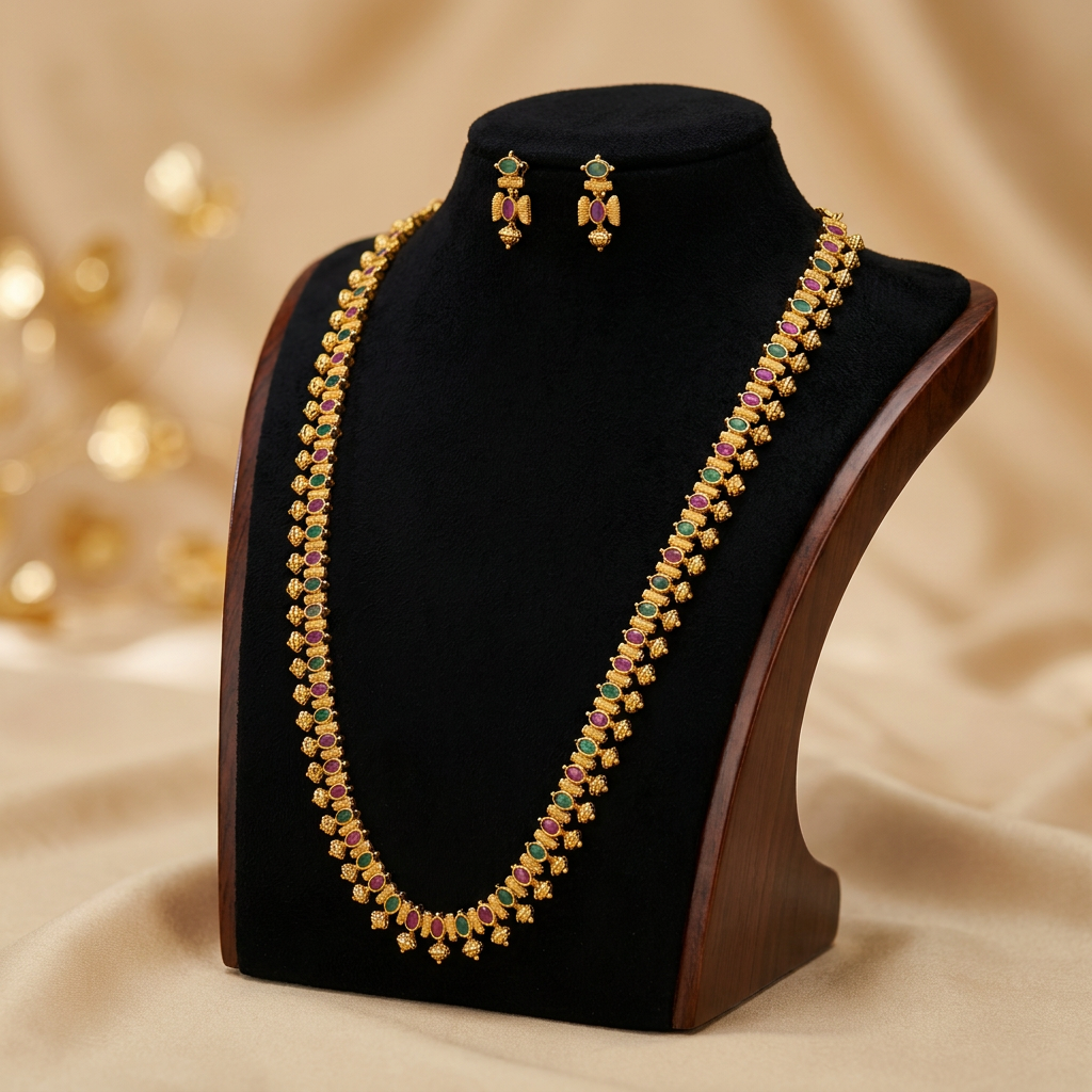 Traditional South Indian Gold Ruby and Emerald Haram Set