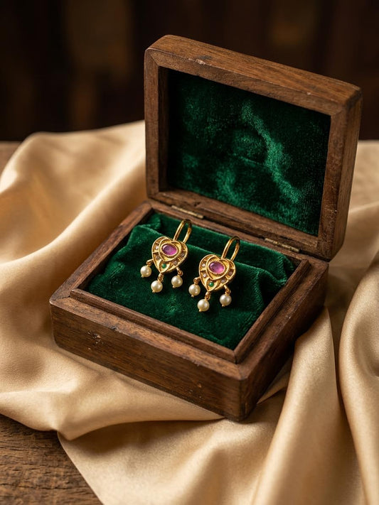 Traditional Antique Gold Heart Motif Clip-On Bugadi with Ruby & Pearl Drops